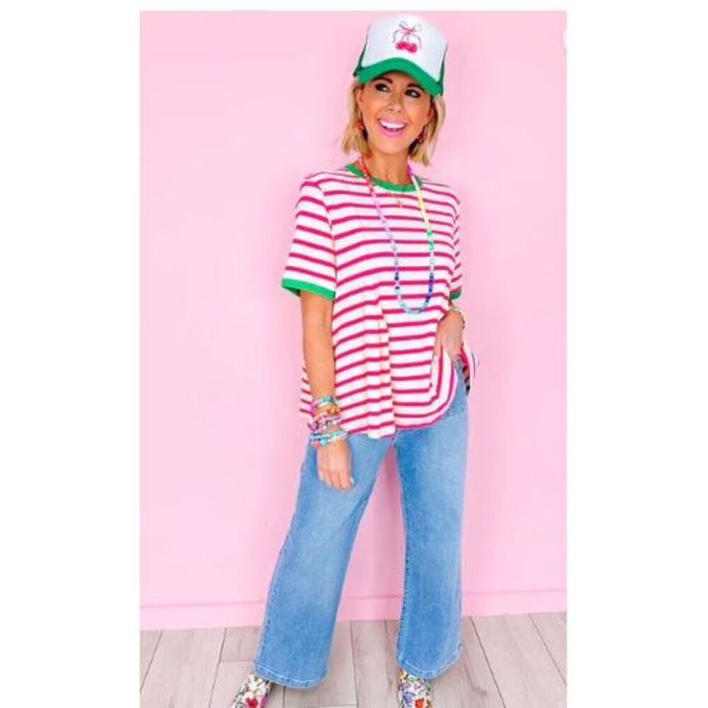 Rose Stripe Contrast Trim Crew Neck Loose Short Sleeve Top‎ 1 X Pink Green Boxy